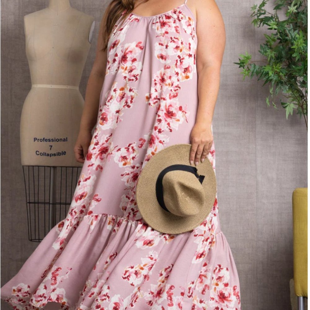 🌸ORCHID FLORAL CRISS-CROSS BACK RUFFLED HEM PLUS SIZE MAXI DRESS PINK/ROSE